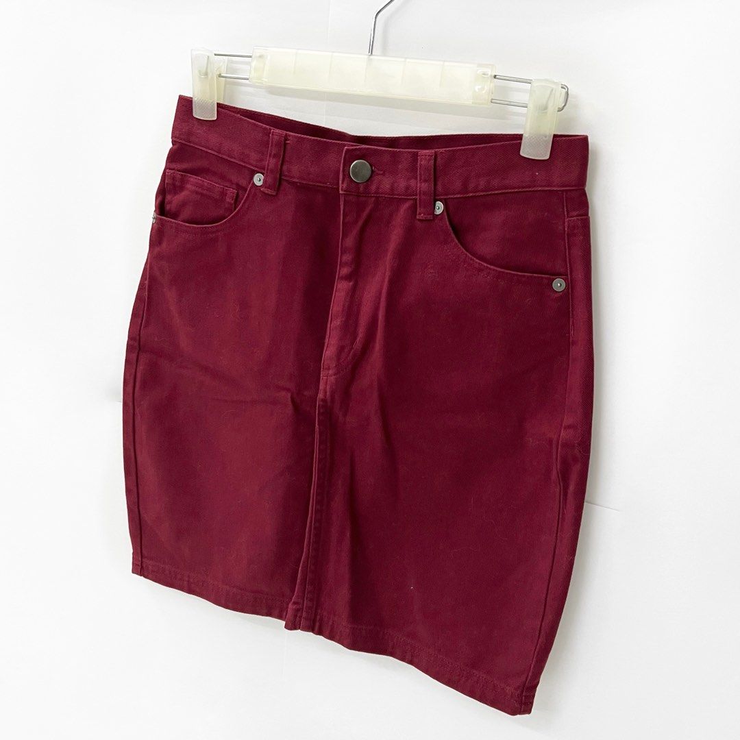 Monki Maroon Red Denim Skirt