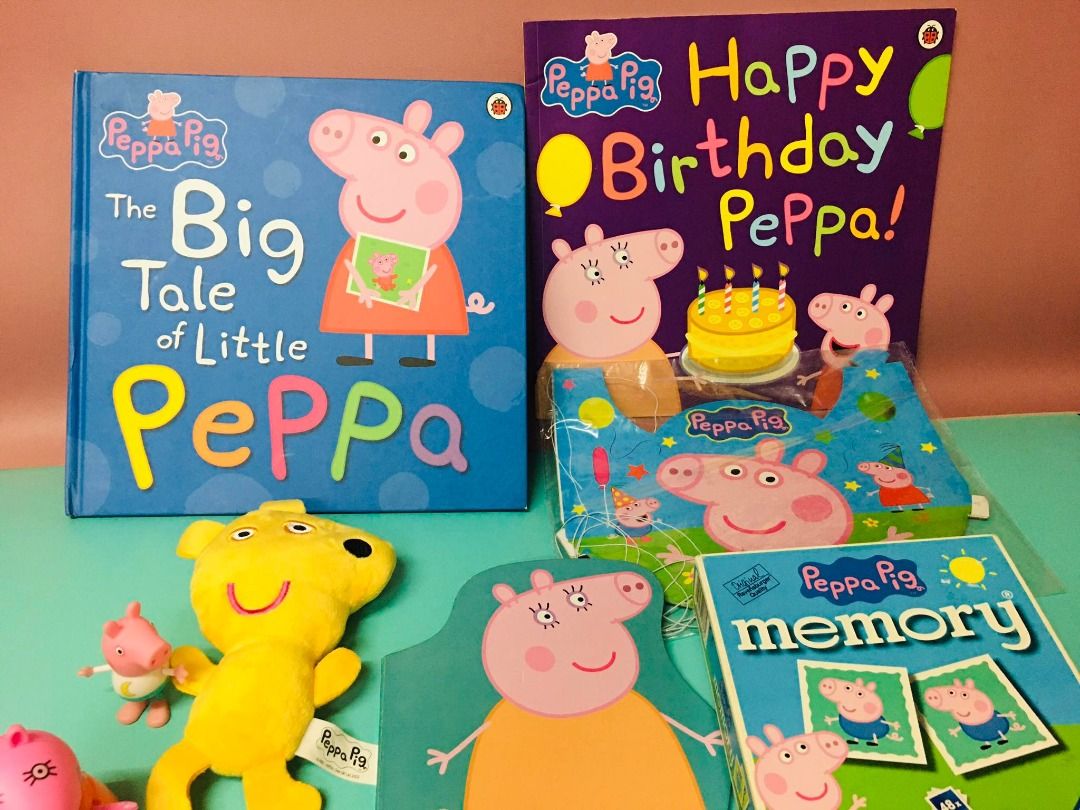 Peppa Pig Bundle (Category: Children's Books) located in Taguig. Submitted by Bloomscorner1 (Listing ID 1238371392, Image 2). Description: ✅ Bundle contains: 1) Ravensburger Peppa Pig Memory Card Game - 48 pcs. (lightly used) 2) The Big Tale of Little Peppa (hardbound) - brand new 3) Happy Birthday Peppa (paperback) - brand new 4) Peppa Pig bday hat - 10 pcs - brand new 5) Peppa Pig Board Book 6) Original peppa Pig Plush - 7.5 inches 7) Peppa Pig