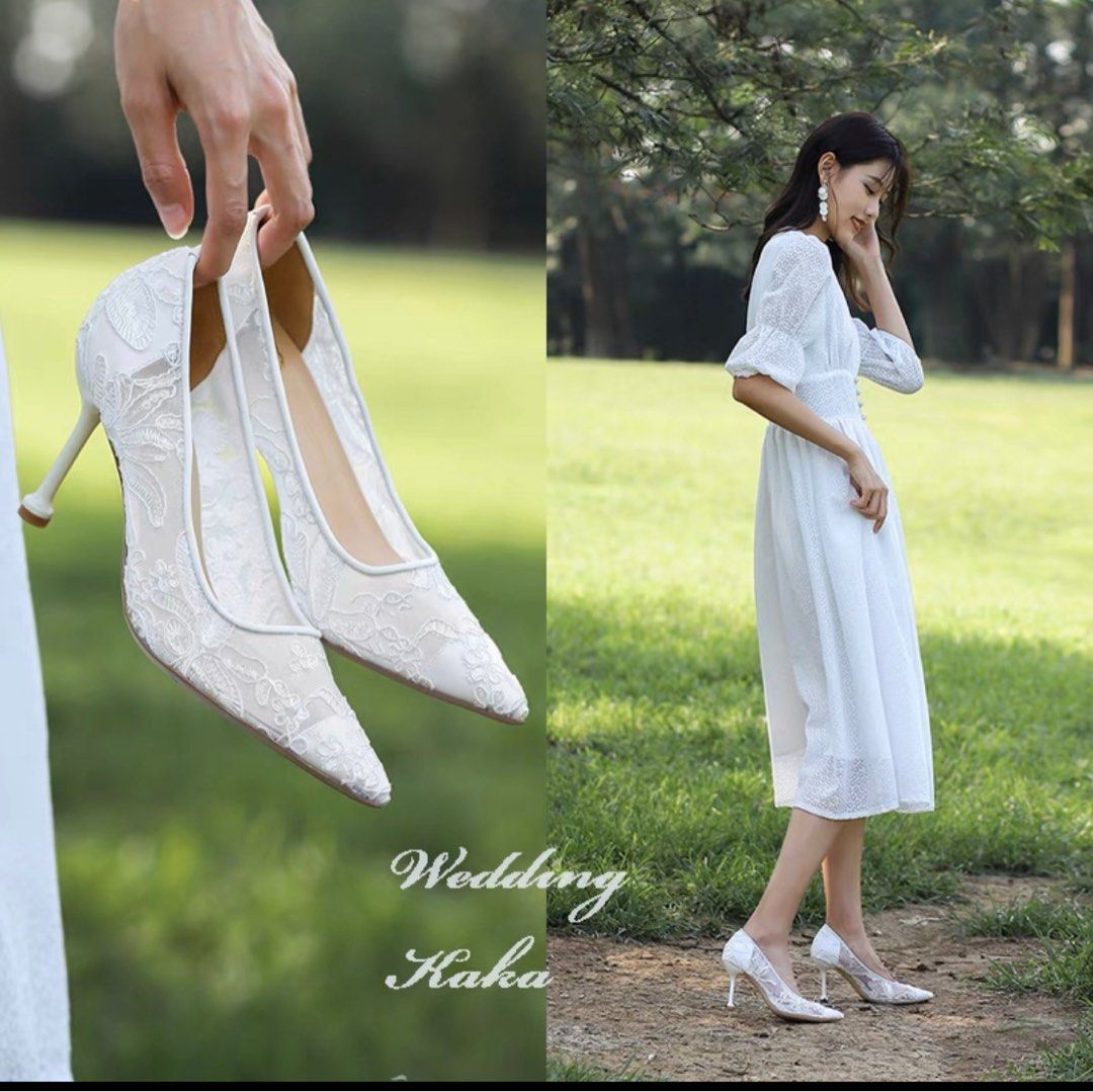 White discount lace heels