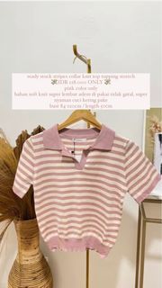 ready stock stripes v neck collar knit top topping stretch pink import bangkok bkk