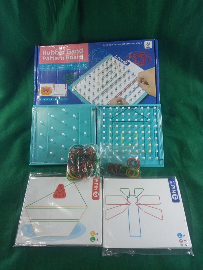 Rubber band pattern board (Category: Educational & Learning Toys) located in Valenzuela. Submitted by fairythrift (Listing ID 1238358005, Image 2). Description: rubbe band activity improve visual spatial skills work behavior complete set.