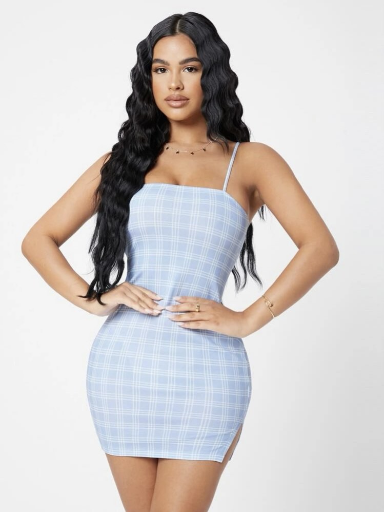 Blue plaid bodycon dress 2025