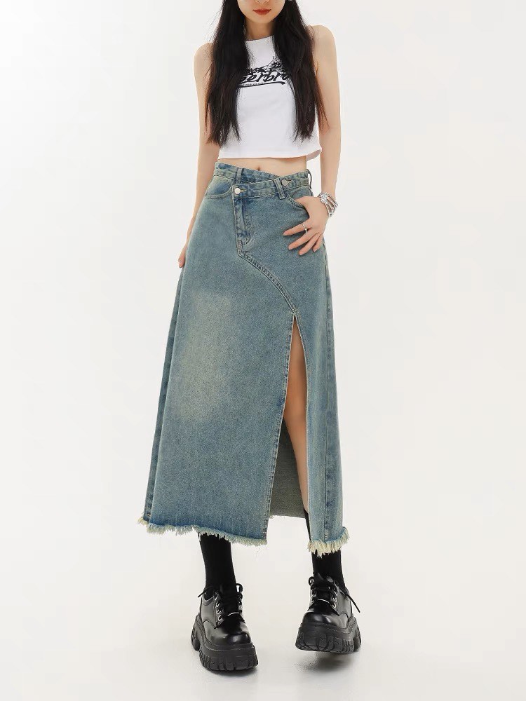 Tinny Skirt - Stylish Washed Denim Slit Skirt main image 1