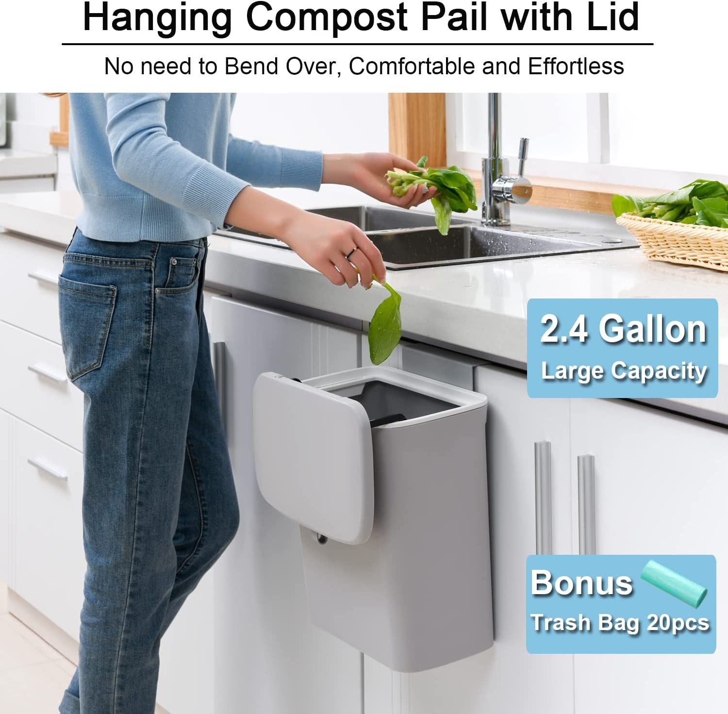 2.5 Gallon Kitchen Compost Bin for Counter Top or Under Sink, Hanging Small  Trash Can with Lid for Cupboard/Bathroom/Bedroom/Office/Camping, Mountable Indoor  Compost Bucket, White