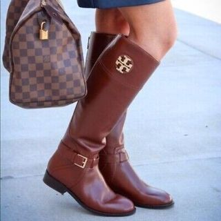 TORY BURCH Adeline Riding Tall BOOT Almond Brown Gold Logo