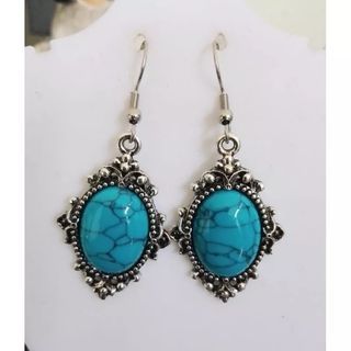 Turquoise Synthetic Dangling Antique Silver Hook Jewelry Earrings