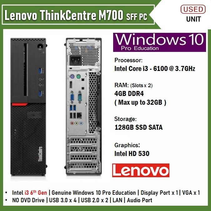 USED] Lenovo ThinkCentre M700 SFF PC Intel i3-6100 3.7GHz 4GB RAM 128GB  SSD W10 (CPU Only), Computers  Tech, Desktops on Carousell
