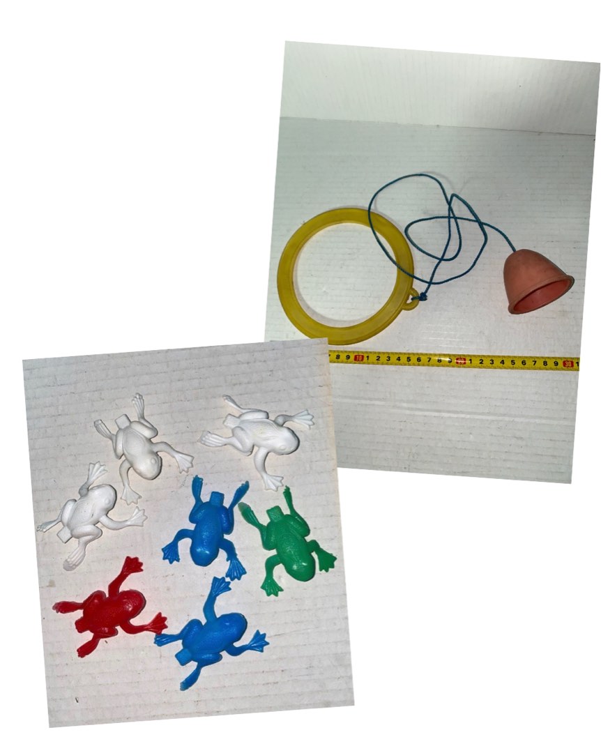 Vintage 1970s Flip Frog Leap Frogs 7 pieces ($6) / footsee fad toy ($15