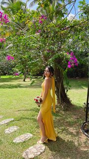 Yellow bridesmaid halter backless dress