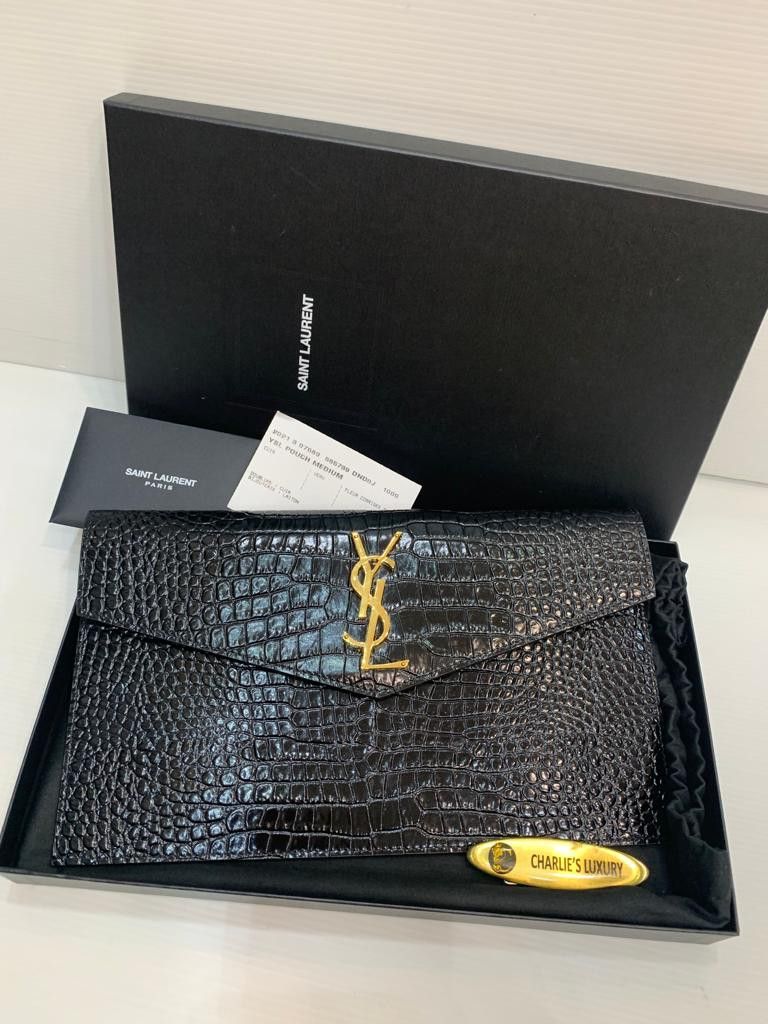 Ysl clutch black Croco ghw thn 2021 with box db year card booklet on