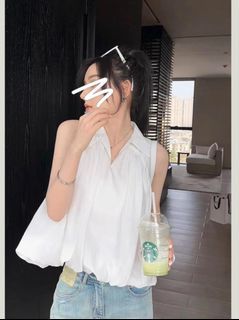 🌟預購🌟翻領無袖褶皺遮肉襯衫女夏季慵懶寬鬆上衣小眾設計感小衫0602👗.🎉.👗.🎉.👗