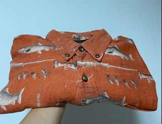 古著 Redhead 粉橘色 人造絲棉質 復古魚襯衫 短袖休閒戶外魚圖紋襯衫