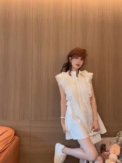 🌟預購🌟法式甜美女裝鏤空裙子白色連衣裙女夏季新款小飛袖a字短裙0602👗.🎉.👗.🎉.👗