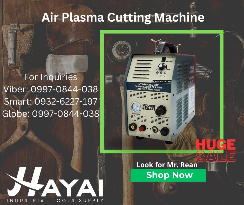 Air Plasma Cutting Machine (Category: Industrial Equipment) located in Manila. Submitted by 09970844038rean.hayai (Listing ID 1235224221, Image 1). Description: Air Plasma Cutting Machine Brand: Powercraft Model: PPC-40A Input Voltage: 220V/60Hz, Single Phase Rated Input Capacity: 4.8 KVA Current Regulation Range: 10-40AMP Working Cutting Thickness: 10mm Price: 24,000.00 Model: PPC-40AIR Input Voltage: 220V/60Hz, Single Phase Rated Input Capacity