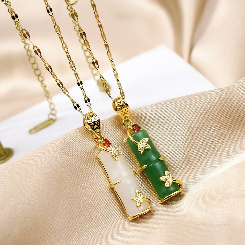 Bamboo Pendant Flower Spinach Leaf Hetian Green Jade Necklace