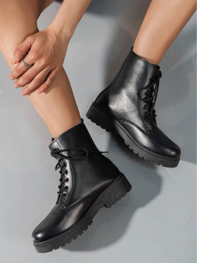 Black Women Lace Up Front Boots Cool Black Combat Boots From Shein