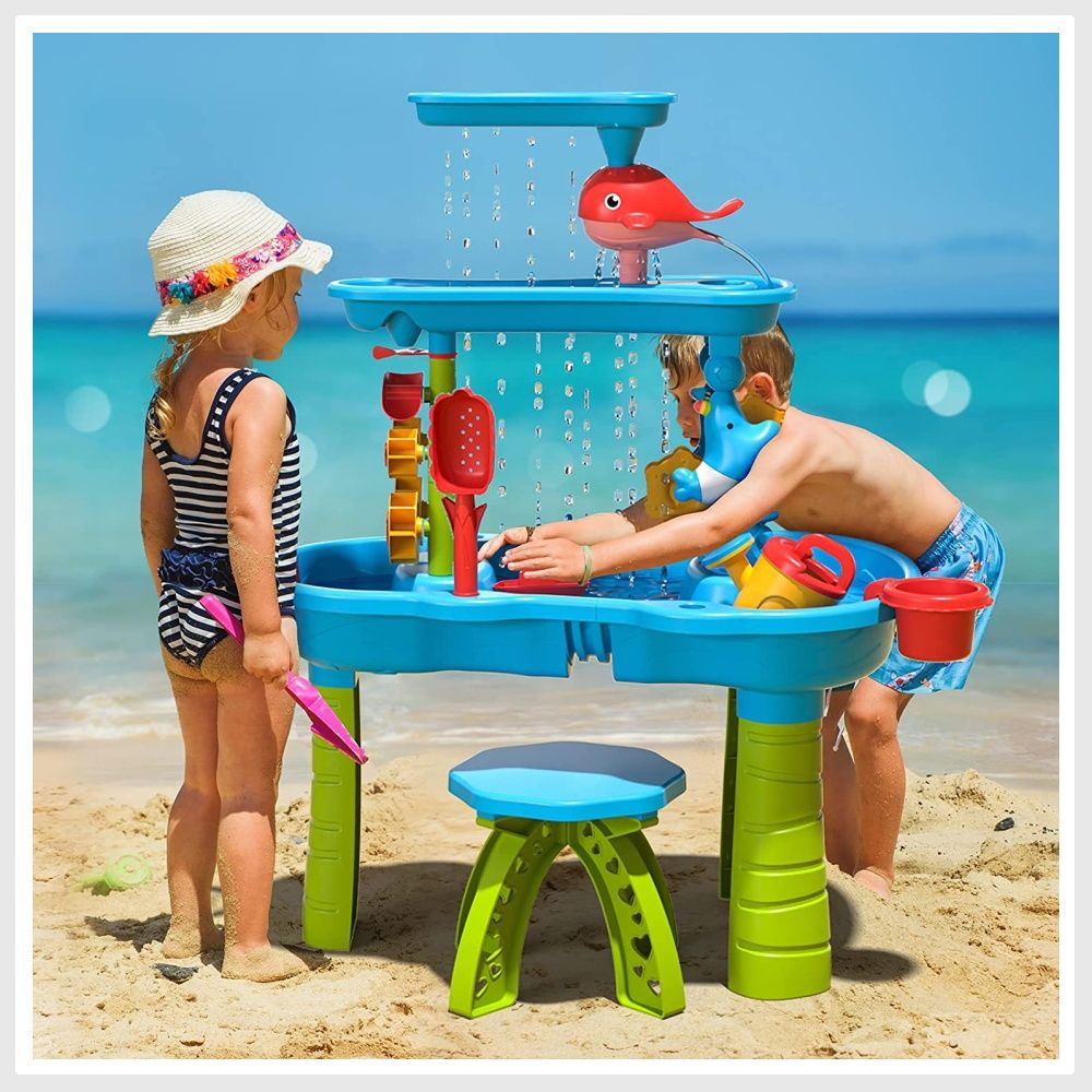 JUKUDAHU Sand Water Table For Kids 3 4 5 6 7 8 Year Old - Waterfall Pond, Bat