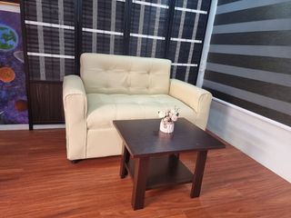Love sofa 2 seater beige leather with center table uratex foam