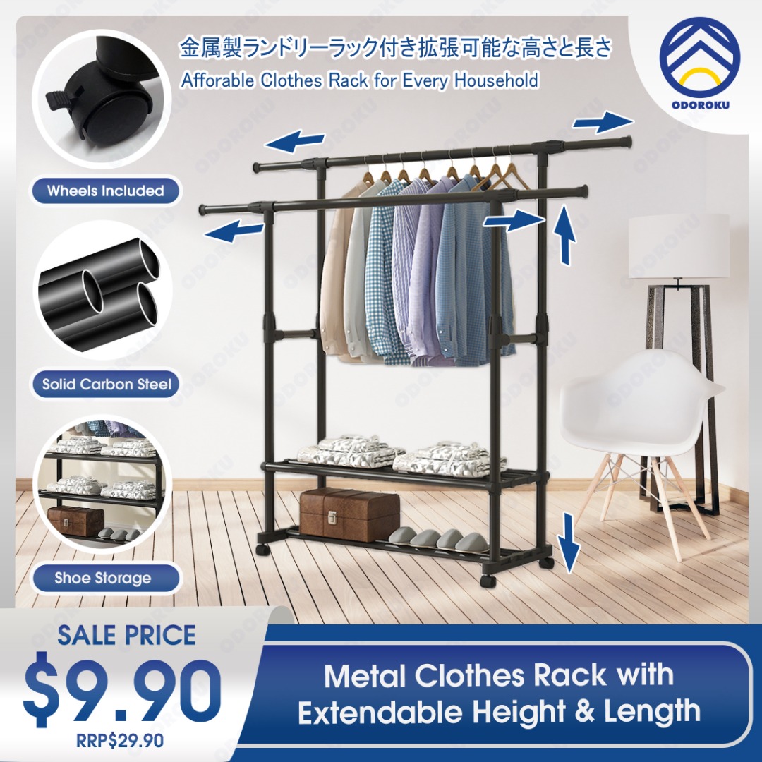 ODOROKU Height Length Adjustable Clothes Rack for Hanging Clothes Clothing Rack Rolling Garment Rack Hanging Rack for Clothes Double Rod Wardrobe Rack with Lockable Wheels Furniture Home Living Home I...