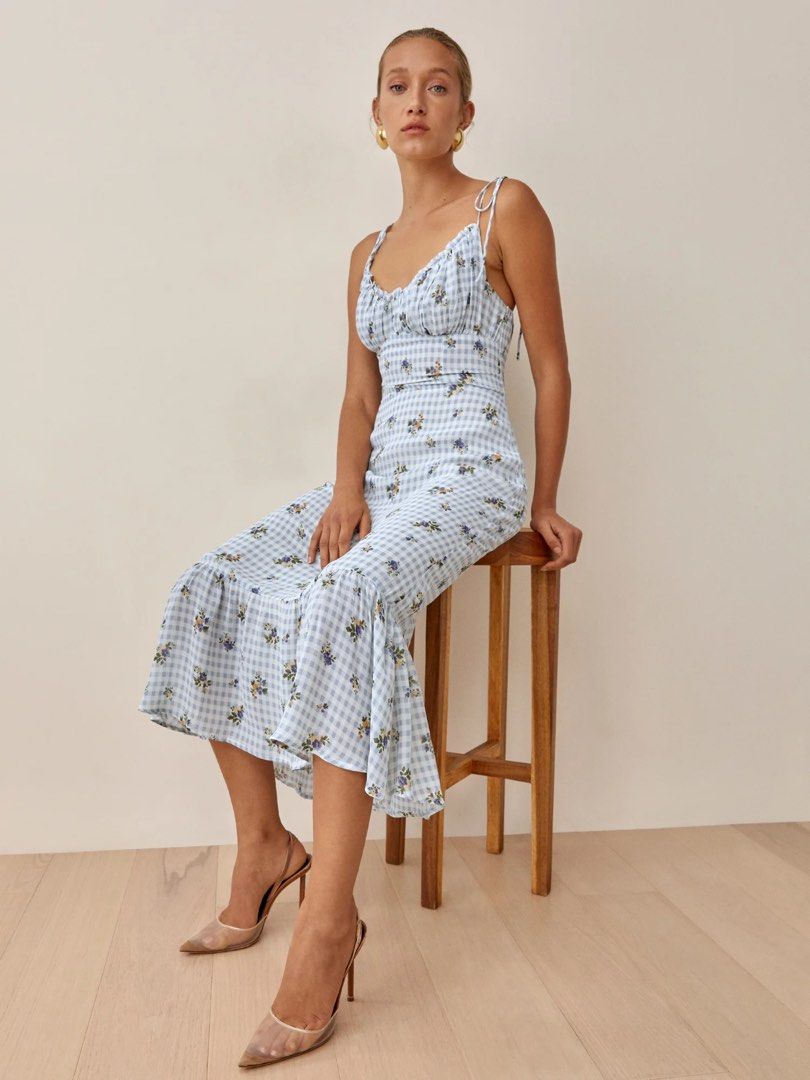 Reformation Embry Dress in Laurel white Alfresco blue Orange grove Kelly Green