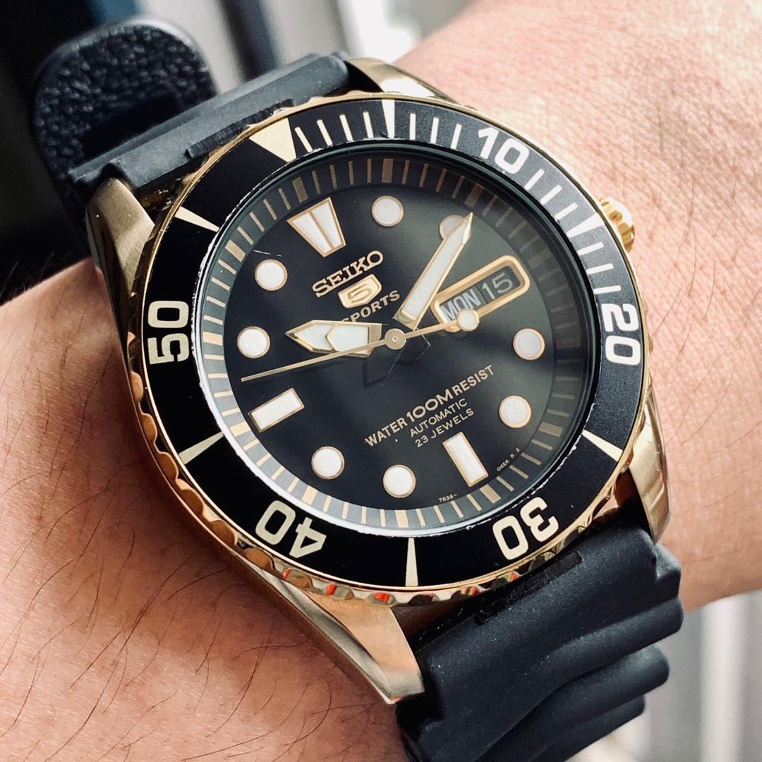 Seiko 5 Sports Black Gold Two Tones Automatic Men Watch Men s