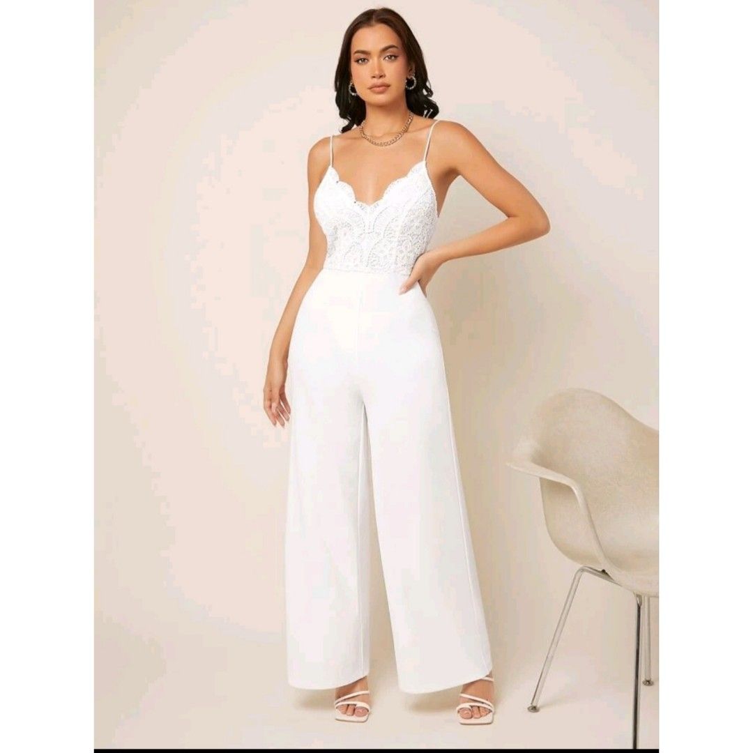 SHEIN Belle Guipure Lace Panel Wide Leg Cami Jumpsuit, Women's