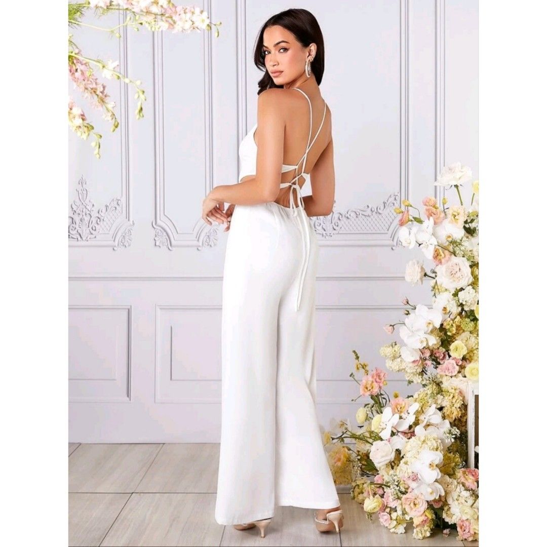Belle Contrast Sequin Tie Backless Chiffon Cami Jumpsuit, Women's Fashion,  Dresses & Sets, Jumpsuits on Carousell