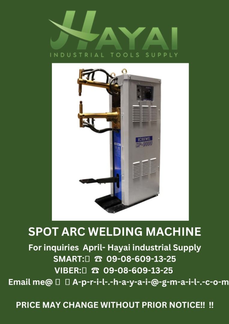 Spot arc welding machine (Category: Construction Tools & Equipment) located in Caloocan City. Submitted by aprilv96843328 (Listing ID 1235245227, Image 1). Description: Spot arc welding machine Mechanism: pedal Voltage: 220v/60hz Phase: 1 ph highest pressure of electrode: 150kg Dimension: 338 x 975 x 1,245 mm Weight; 105 Kg PRICE: 145,000 For inquiries April- Hayai industrial Supply SMART:📞 ☎ 09-08-609-13-25 VIBER:📞 ☎ 09-08-609-13-25 Email me@ 