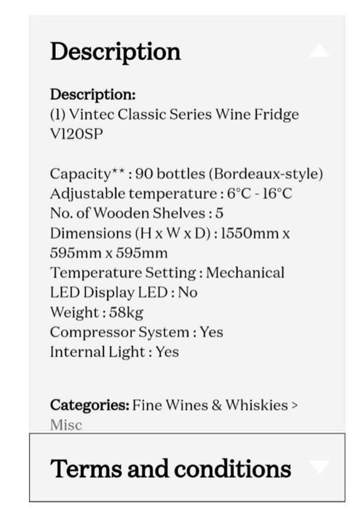Vintec Classic Wine Fridge V120SP, TV & Home Appliances, Kitchen
