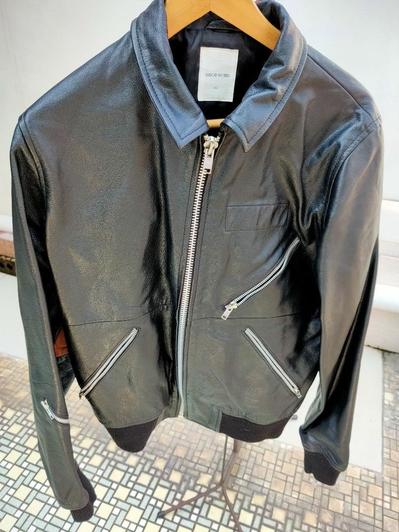 Wood Wood WW leather jacket mens S zippers biker real genuine used