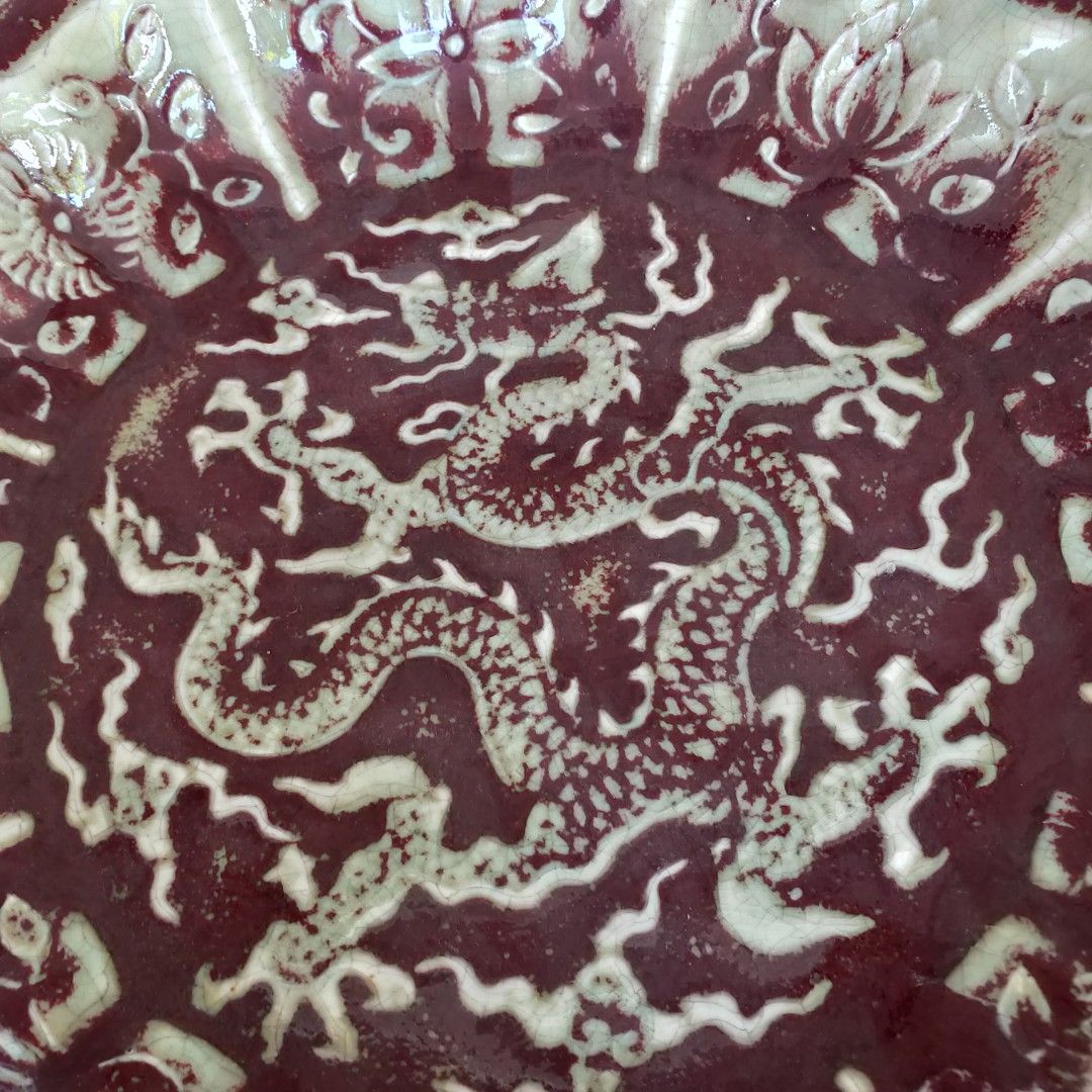 中国 剔紅 堆朱 雲龍文盤 飾皿 箱付 C 5061 - 漆芸