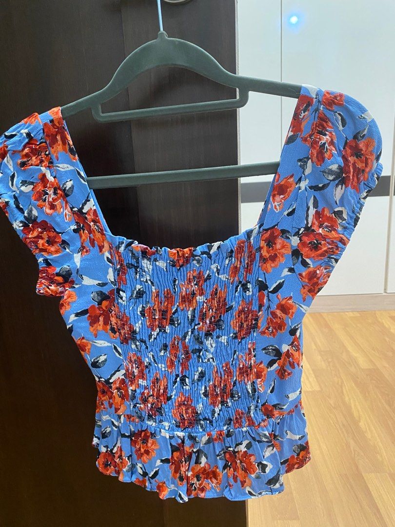 Zara Floral Blue Top, Women's Fashion, Tops, Blouses on Carousell
