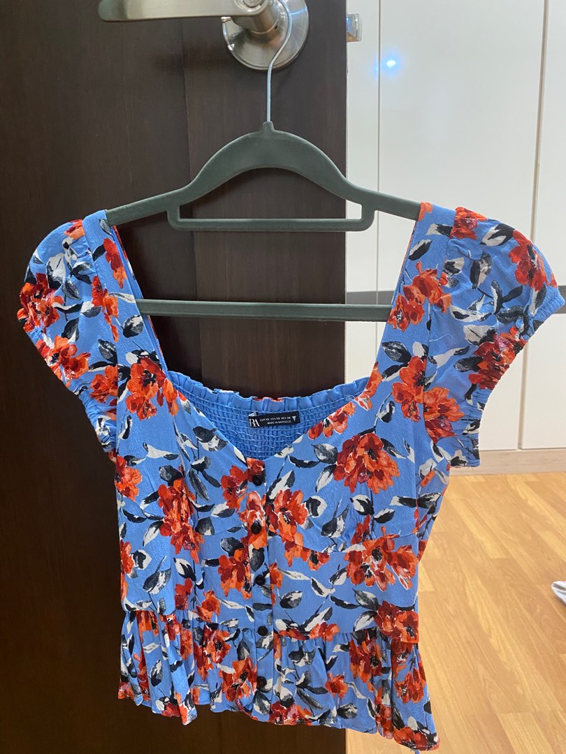Zara Floral Blue Top, Women's Fashion, Tops, Blouses on Carousell