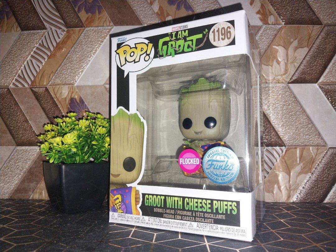 1196 - Groot With Cheese Puffs [Flocked] (Special Edition Sticker) Pop!  Vinyl Figure From Marvel Studios' I Am Groot, Hobbies & Toys, Toys & Games  on Carousell