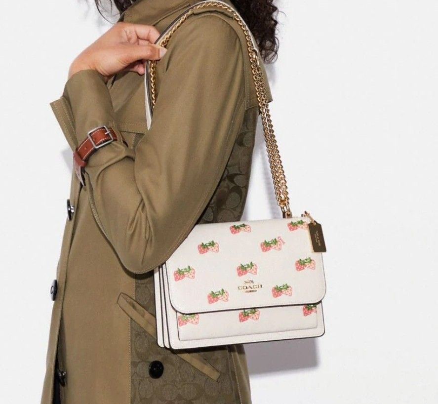 COACH KLARE FLIP Gold CHAIN CROSSBODY Women pink red Strawberry Print Leather logo Lady off cream white shoulders Sling Bag Best birthday girlfriend