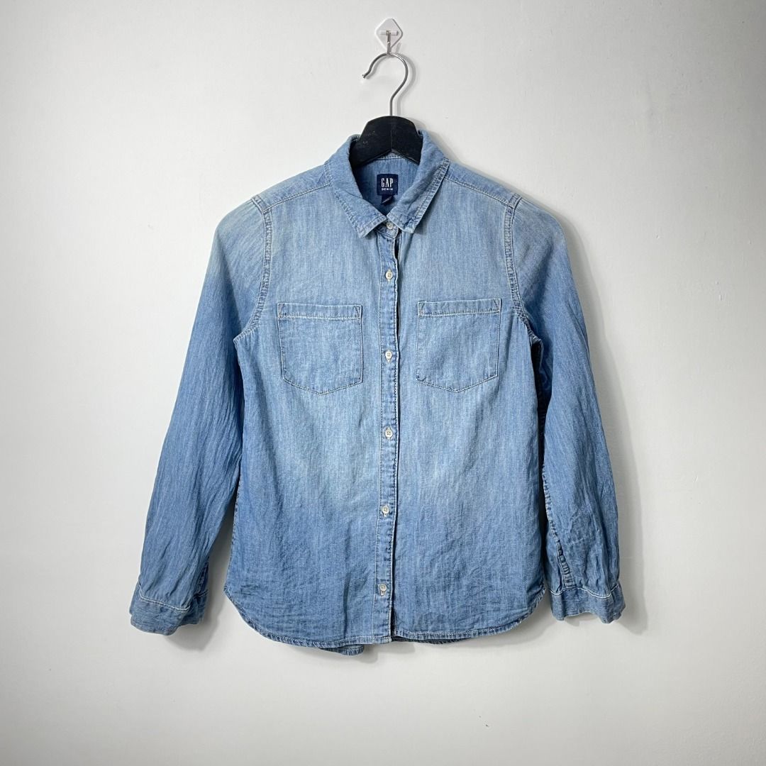 SALE L GAP DENIM SHIRT BLUE COLOR COTTON LONG SLEEVE WOMEN SIZE AMERICA FASHION BASIC CASUAL
