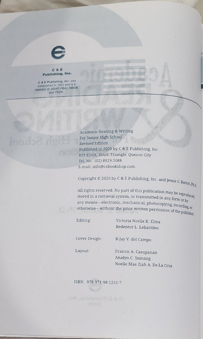 Grade 11 STEM - Academic Reading and Writing C&E (Category: Textbooks) located in Manila. Submitted by greyc06 (Listing ID 1238473248, Image 2). Description: Grade 11 STEM - Academic Reading and Writing ✅️ Few pages answered ✅️ With plastic cover.