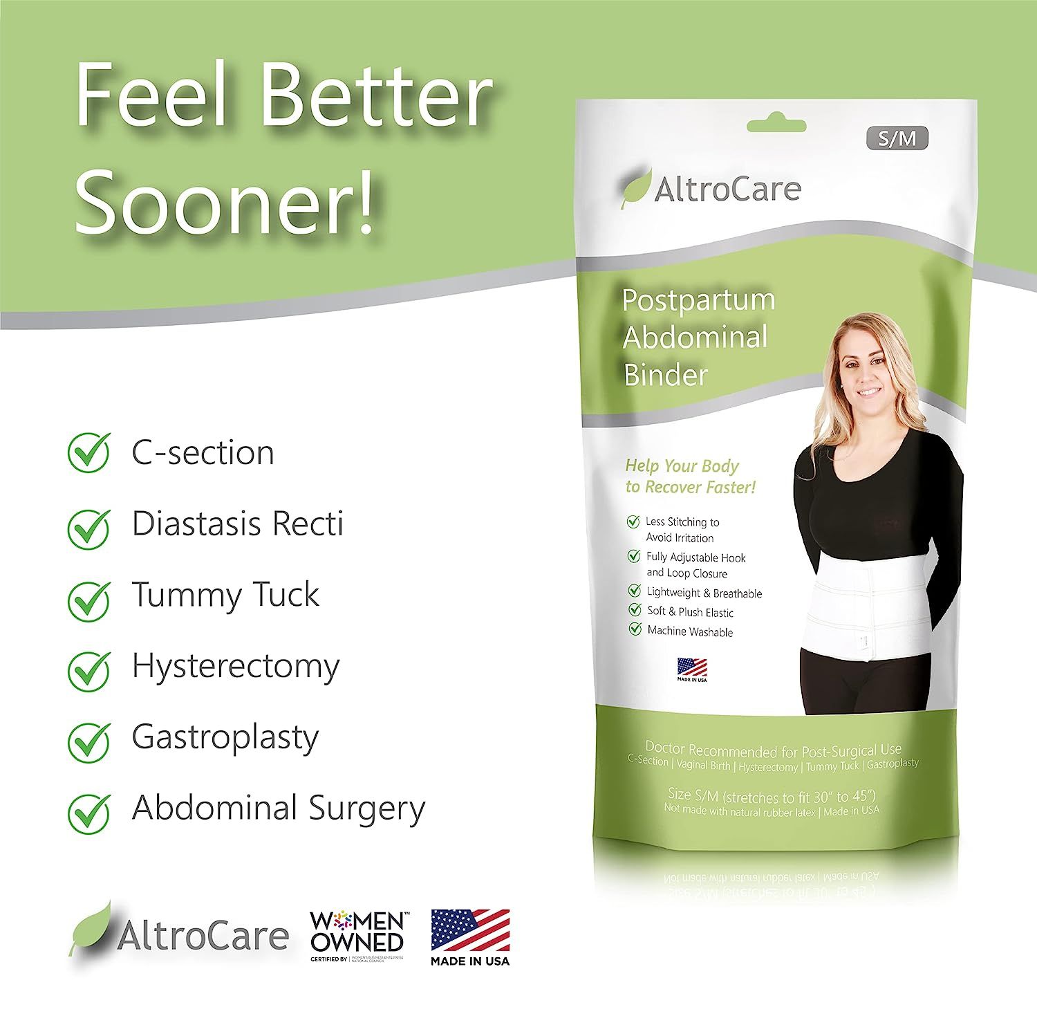 AltroCare 3 Panel, 9" high Postpartum Abdominal Binder, Stretches to