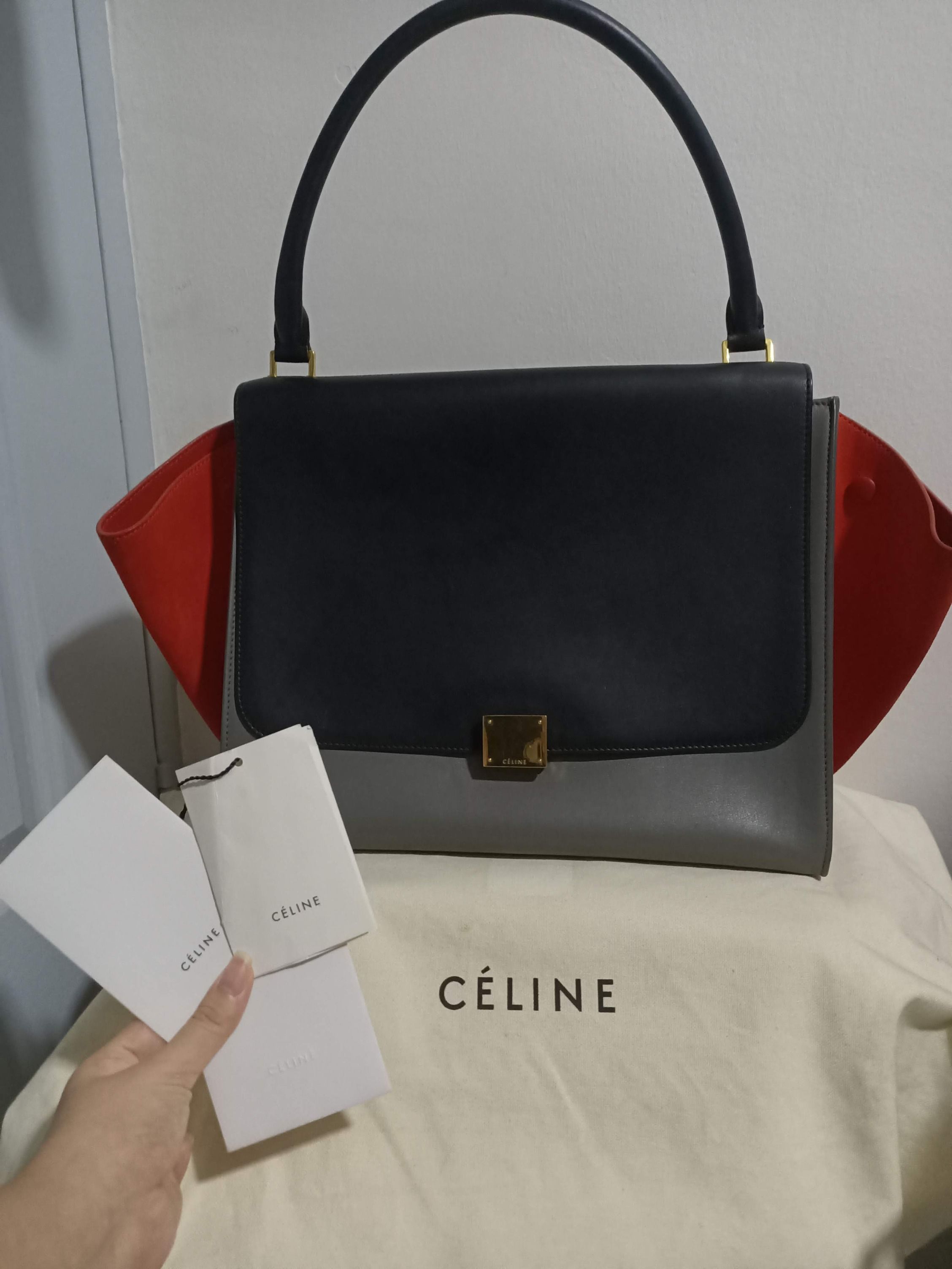 Trade or sell Authentic CELINE Trapeze Large Tricolor bag black grey calfskin leather orange suede