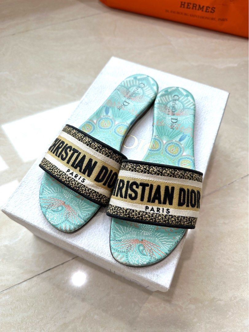 Authentic Dior Dway Slides Blue Embroidered Cotton Mules 40
