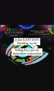 [SOLD] Coldplay, Standing x4, 31 Jan, Can nego