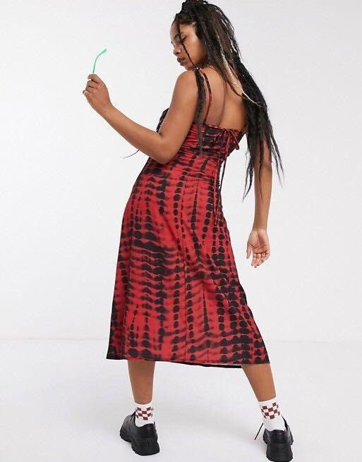 COLLUSION square neck cami midi red tie dye dress, Women's Fashion, Dresses  u0026 Sets, Dresses on Carousell