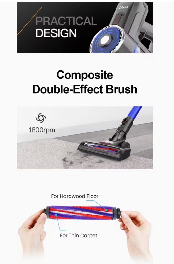 Dibea G12 cordless vaccum (with dust mite head), TV & Home Appliances