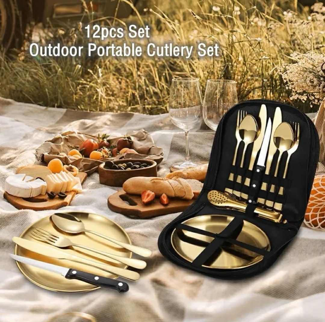 Dividivi 12 pcs Stainless Steel Portable Outdoor Cutlery Set Pinic Travel Camping Utensils Dining Knife Fork Spoon Cloth Bag Plate Set Furniture Home Living Kitchenware Tableware Dinnerware Cutlery on