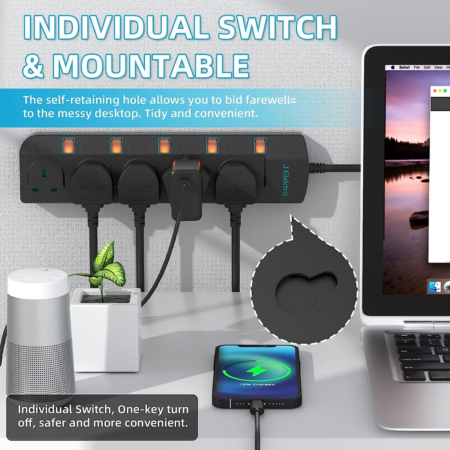 Extension Cord, J Elektro Power Strip 5 Way Outlets with Individual ...