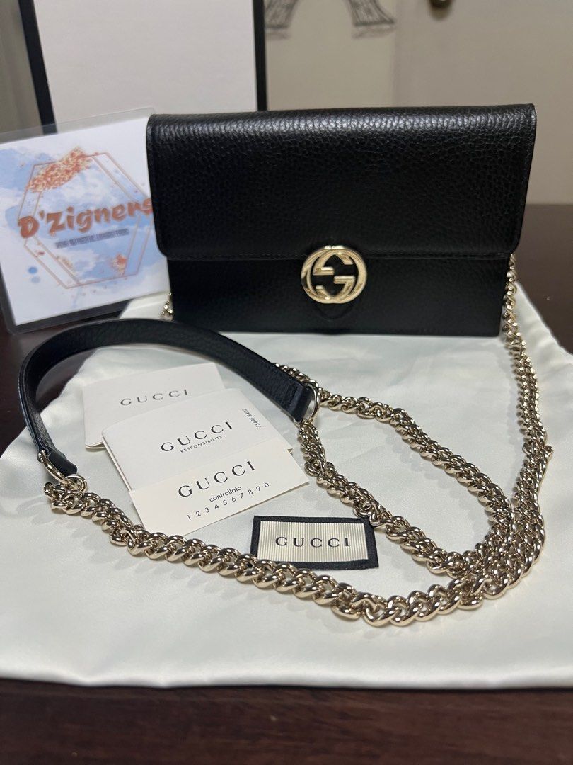 Authentic Gucci Interlocking Wallet on Chain in Black, Luxury, Bags &  Wallets on Carousell