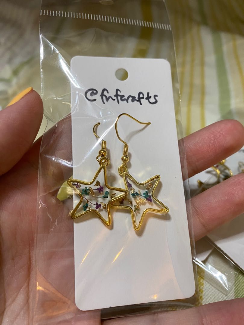 Handmade resin gold rim earrings star crescent moon cat Women s