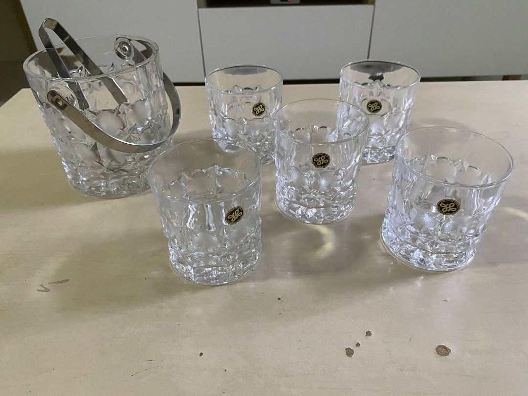 Hoya Crystal 1 Ice Bucket & 5 Whiskey Crystal Glasses, Furniture
