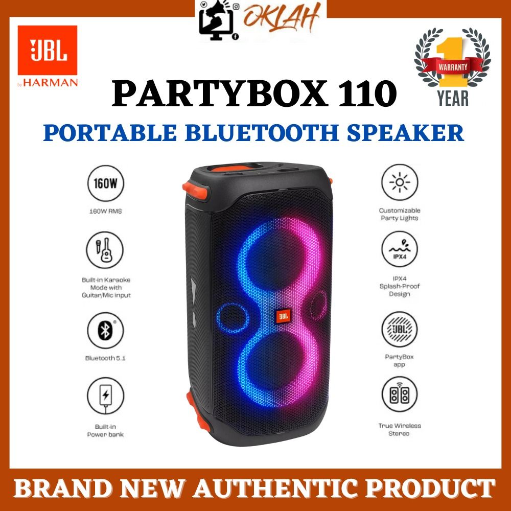 JBL Partybox 110  Portable party speaker with 160W powerful sound,  built-in lights and splashproof design.