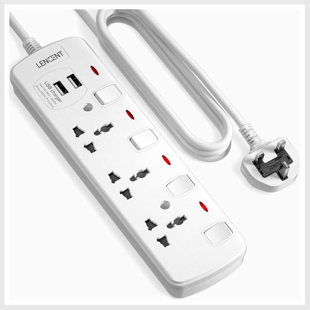 LENCENT Extension Lead with USB Slots, 3 Way Sockets Outlet Power
